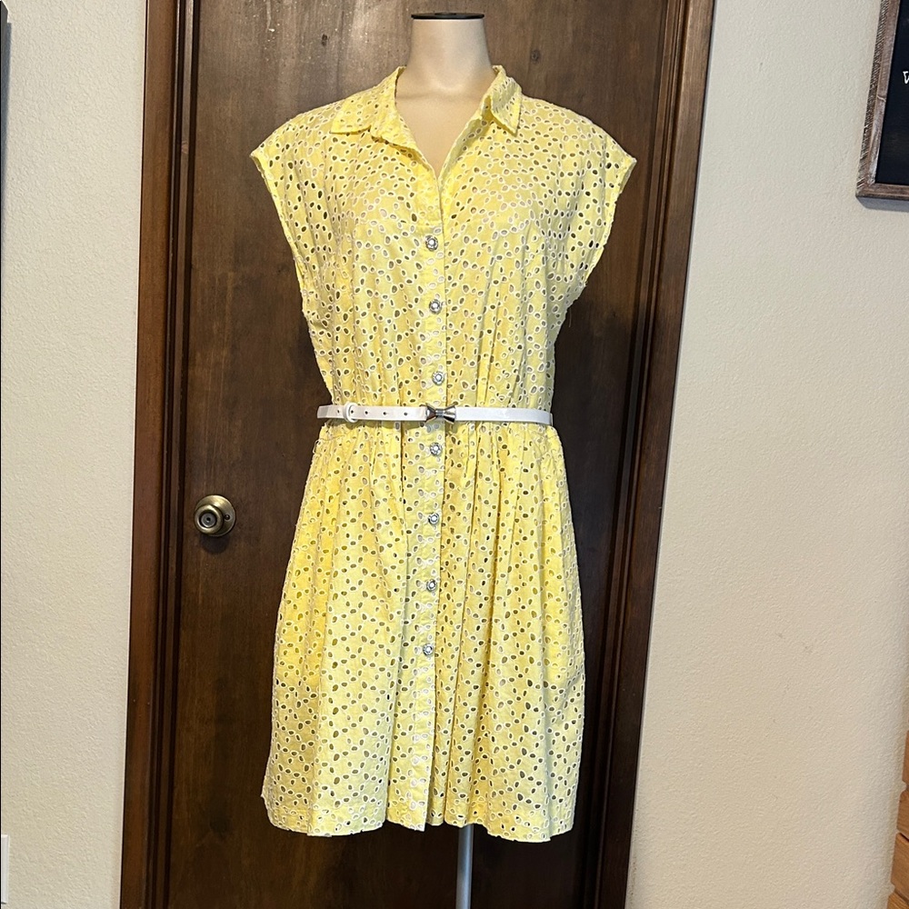 BETSEY JOHNSON YELLOW & WHITE EYELET BELTED MIDI DRESS SIZE 12